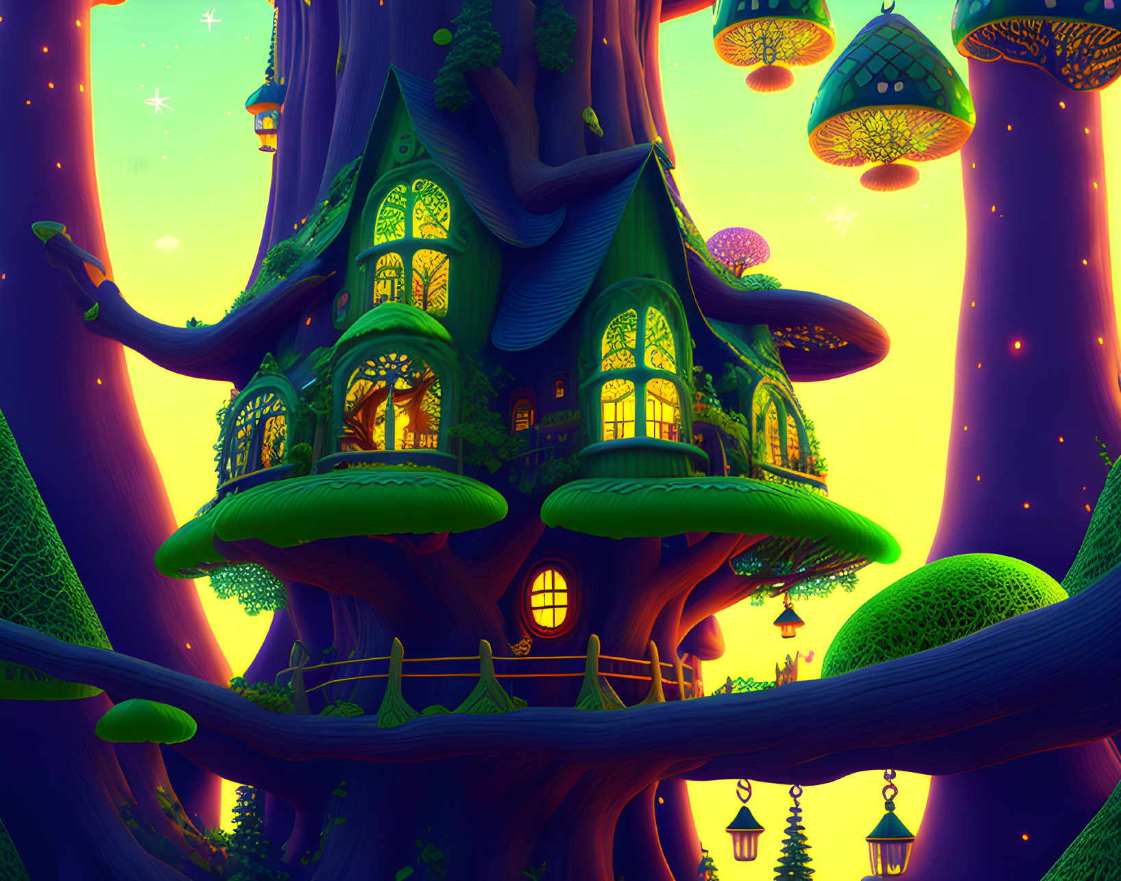 Whimsical glowing treehouse in vibrant oversized tree forest