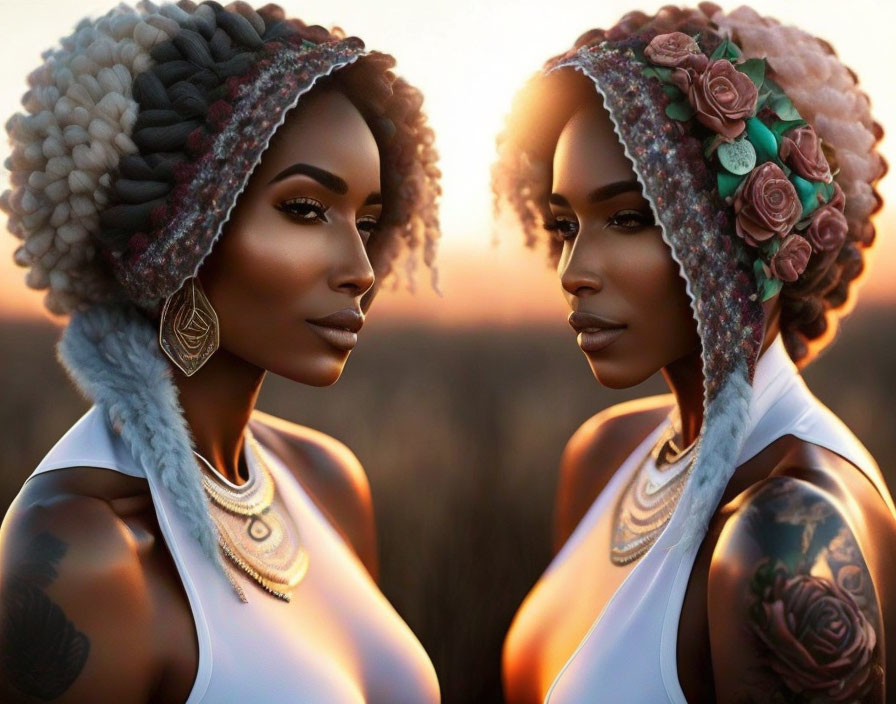 Women with adorned hairstyles and tattoos in golden-hour light with elegant jewelry.