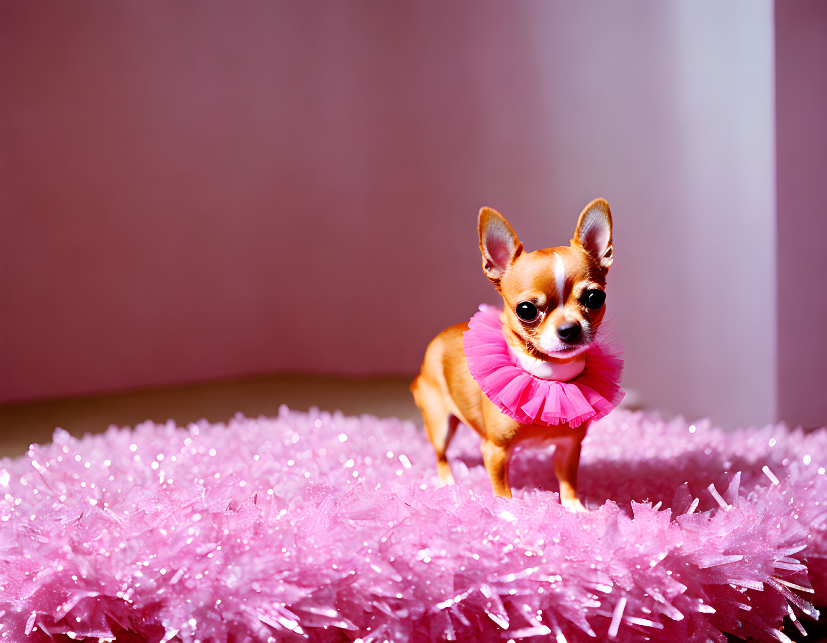 Chihuahua with pink collar on glittery surface with pink backdrop