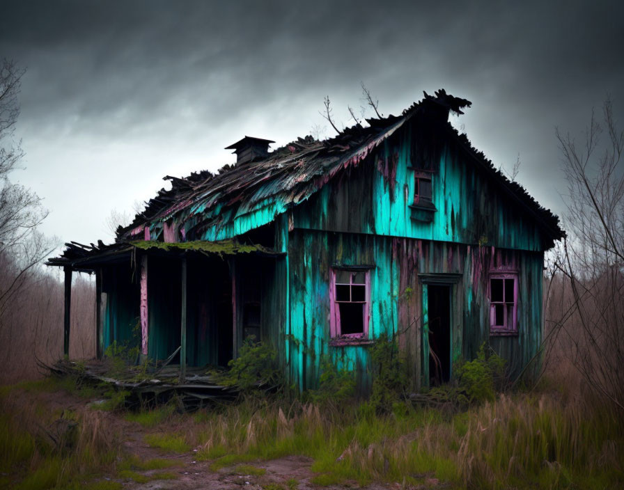 Dilapidated wooden house with peeling turquoise paint in overgrown grass