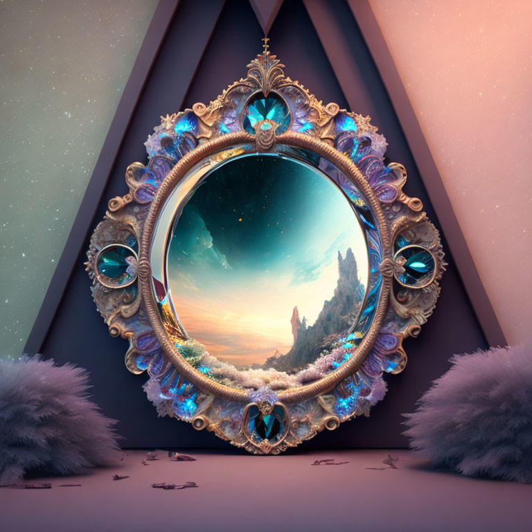 Golden mirror with blue gemstones reflecting surreal landscape and sunset sky on geometric background