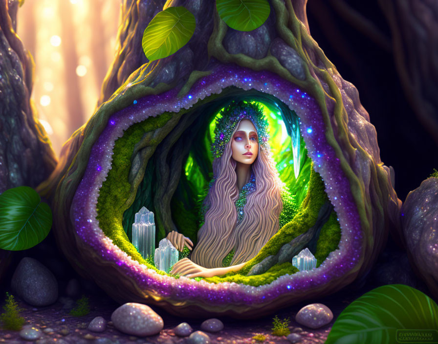 Illustration of woman with leafy headpiece in crystal-lined tree hollow