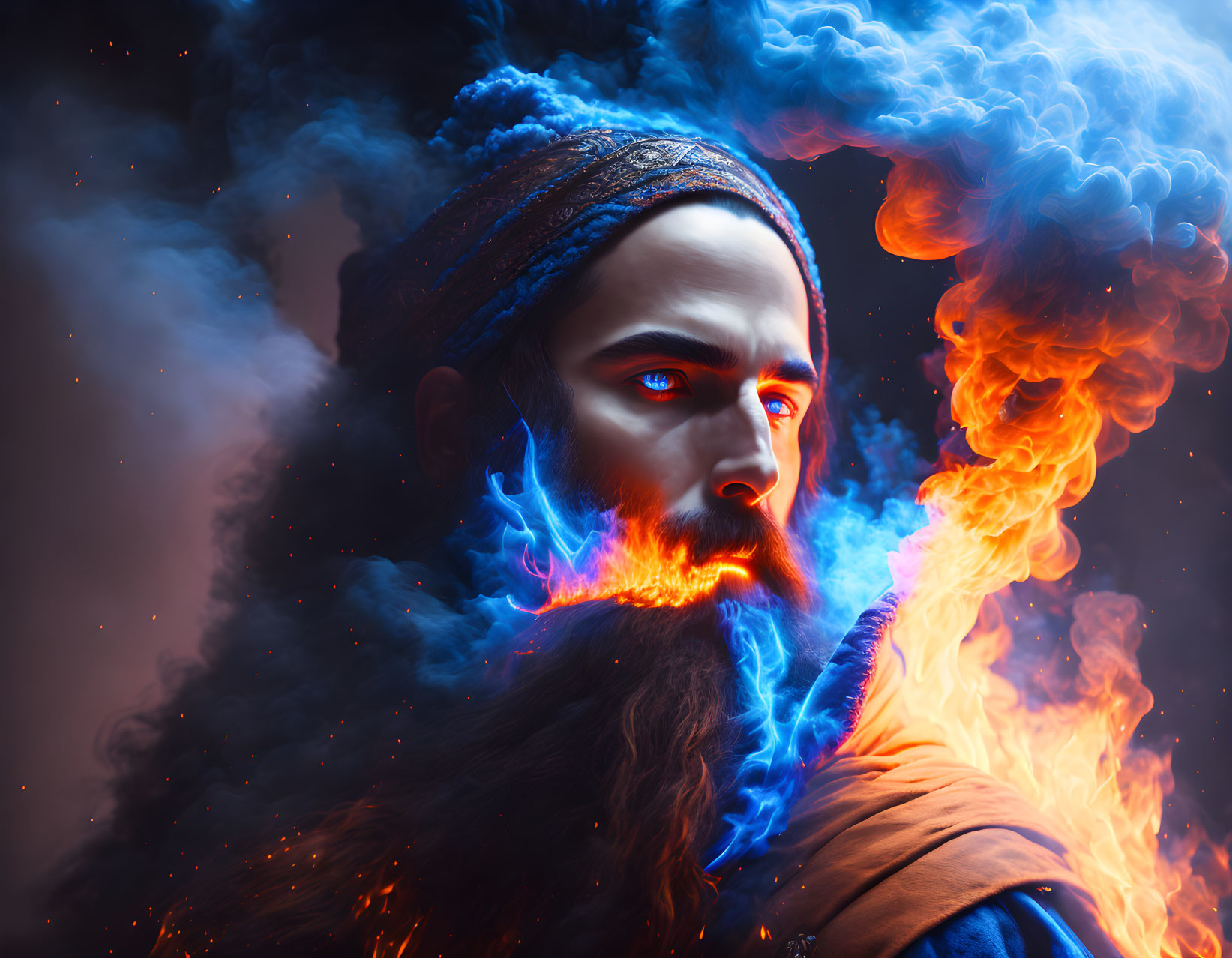 Bearded Man Surrounded by Blue and Orange Flames