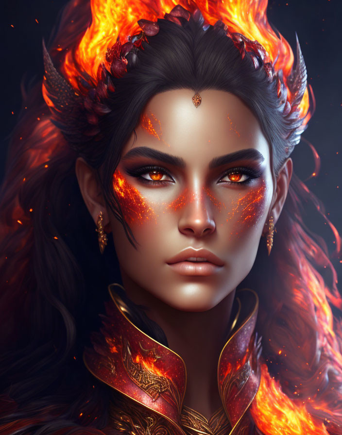 Fiery fantasy character with horned headpiece and glowing eyes