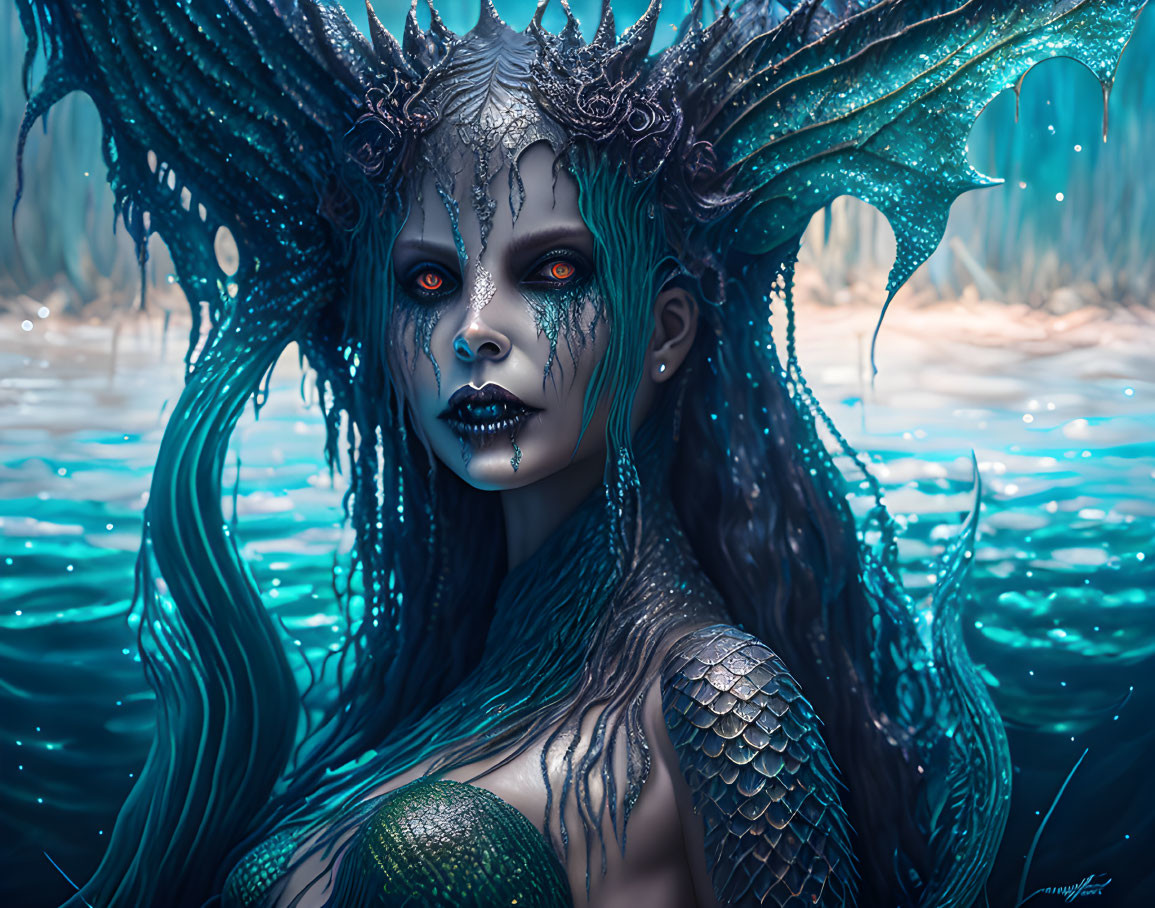 Blue-skinned mermaid with ornate fins in tranquil underwater scene