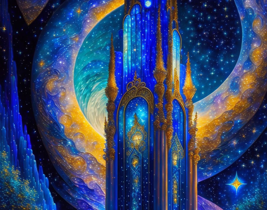 Celestial Fantasy Scene with Gothic Pillars and Galactic Background