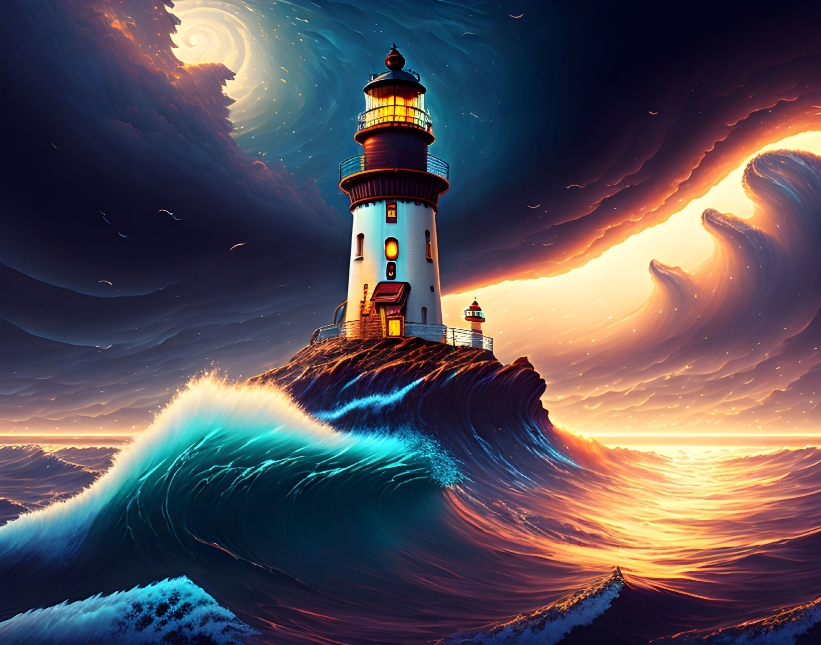 Surreal digital art: lighthouse on cliff, starry sky, luminous waves