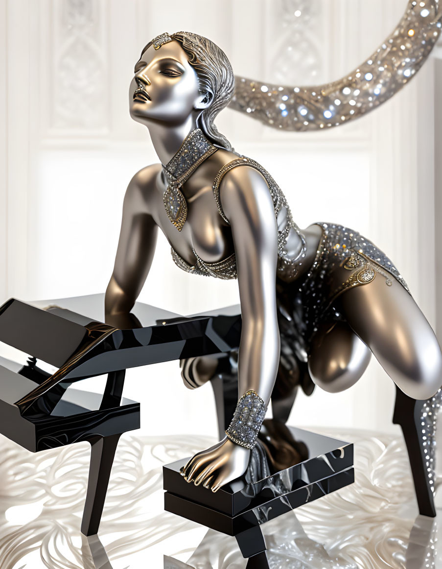 Metallic female figure with jewels in glamorous interior leaning on black piano