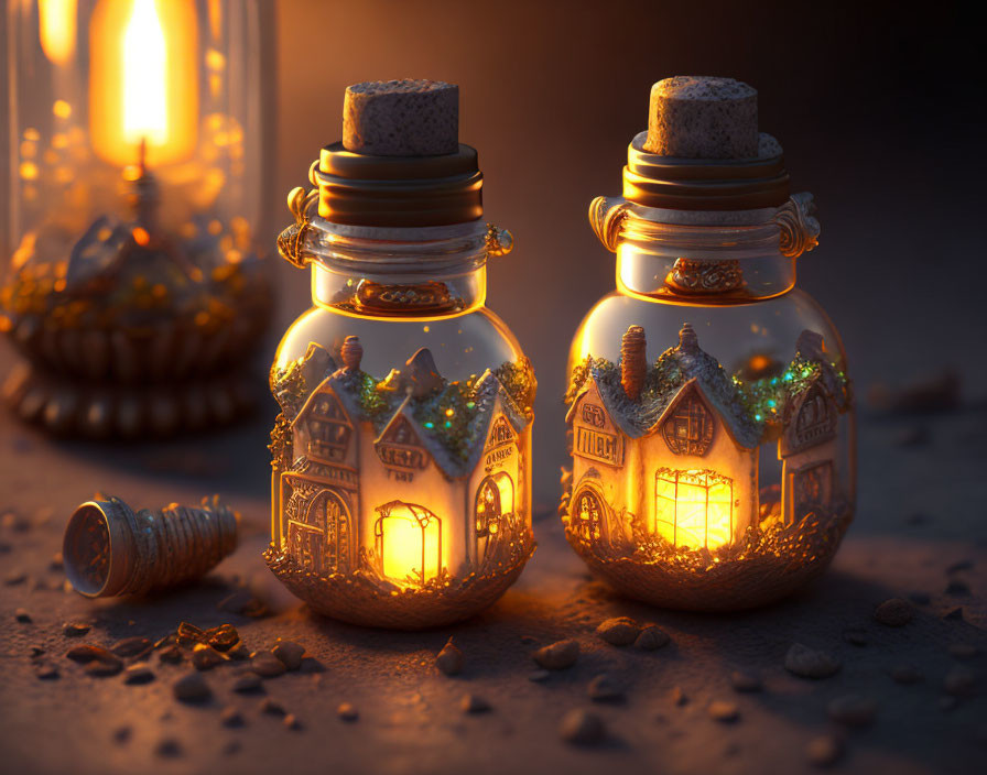 Miniature glowing houses in glass jars with lantern and pebbles in warm, dimly lit setting