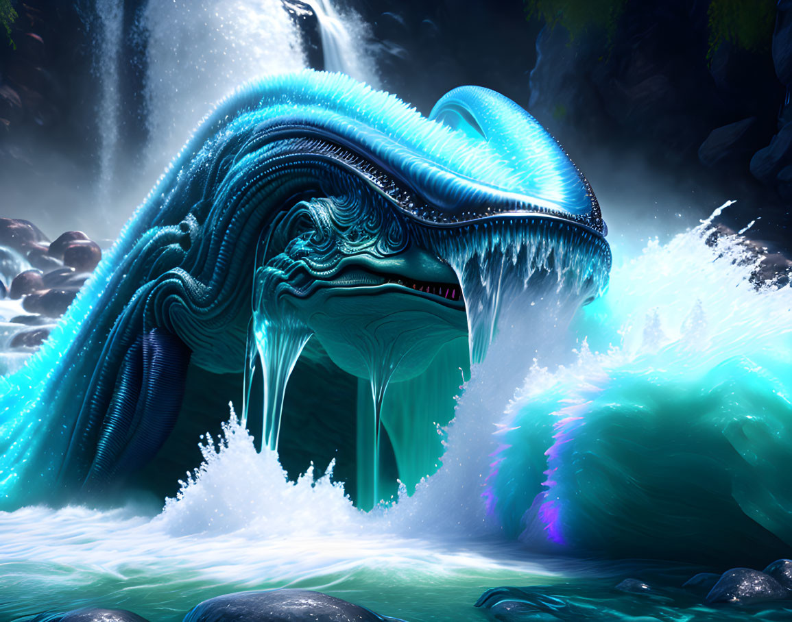 Blue serpent-like creature emerges from ocean waves and rocky terrain