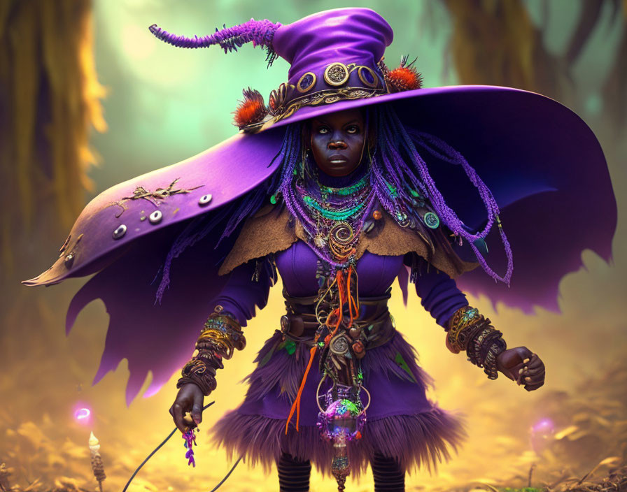 Dark-skinned fantasy witch in purple attire with beads holding a staff in mystical forest