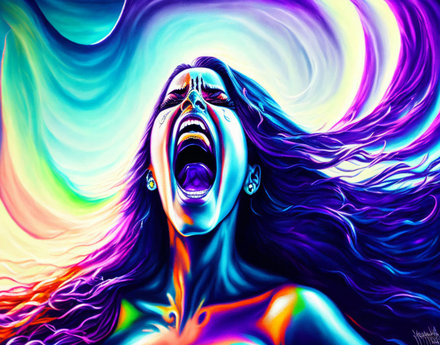 Colorful digital painting of woman screaming with flowing hair in neon swirls