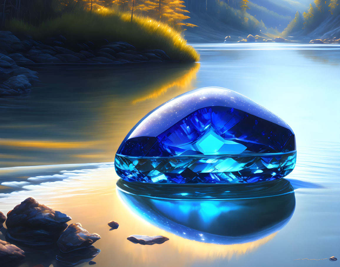 Tranquil river scene with glowing blue gemstone