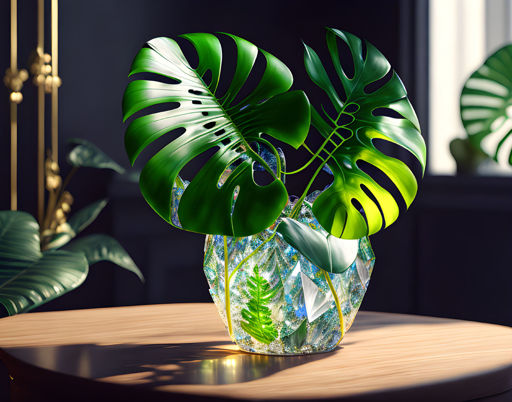 Crystal vase with vibrant monstera leaves in sunlight and shadows in a dark room