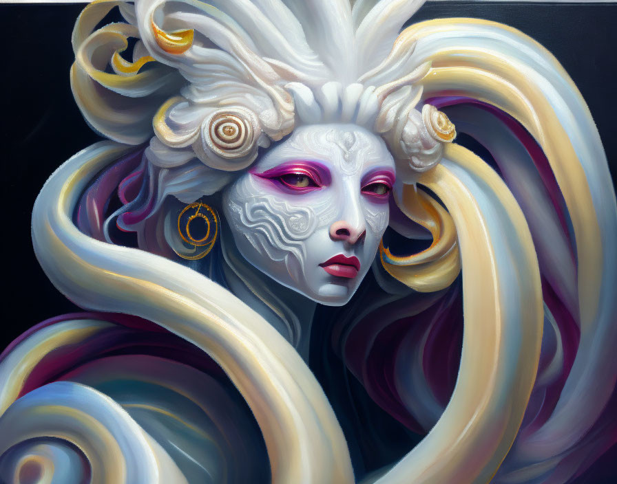 Surreal portrait of figure with ornate headdress in white and purple