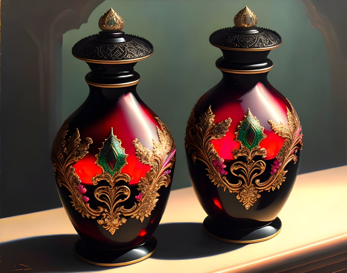 Red and Gold Ornate Vases with Decorative Lids on Soft-Lit Background