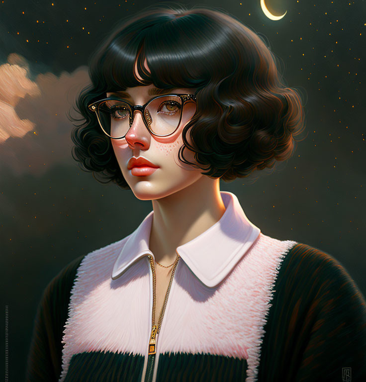 Woman with Short Curly Hair and Glasses in Pink Collared Top on Starry Night Sky Background