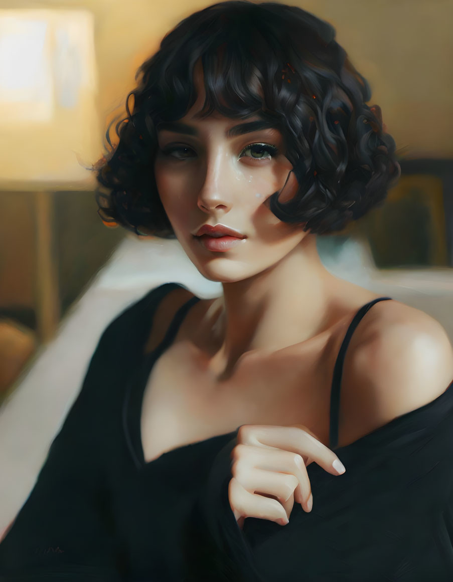 Digital portrait of woman with curly hair and black tank top in warm background