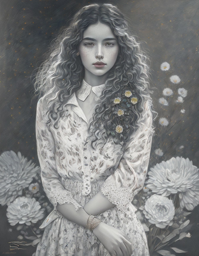 Monochromatic painting of young woman with curly hair and floral dress