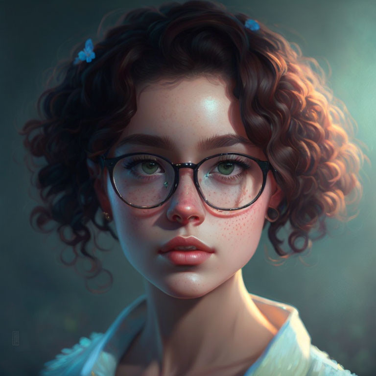 Young woman with curly hair, round glasses, freckles, and soft gaze in portrait.