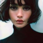 Portrait of woman with curly hair, freckles, big eyes, and high-collared dark