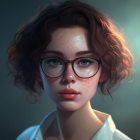 Young woman with curly hair, round glasses, freckles, and soft gaze in portrait.