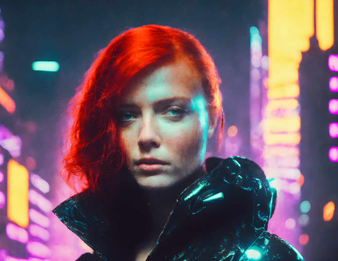 Red-haired woman in futuristic neon-lit cityscape with glossy black outfit