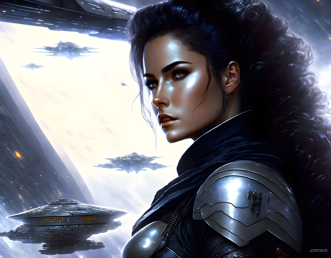 Sci-fi armored female character portrait with dark hair in space setting