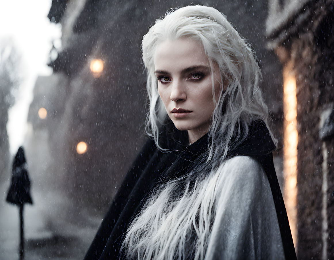 Pale-skinned person with white hair in black cloak against snowy urban backdrop.