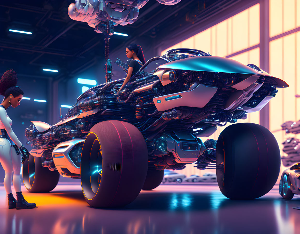 Futuristic garage with advanced vehicles and neon lighting