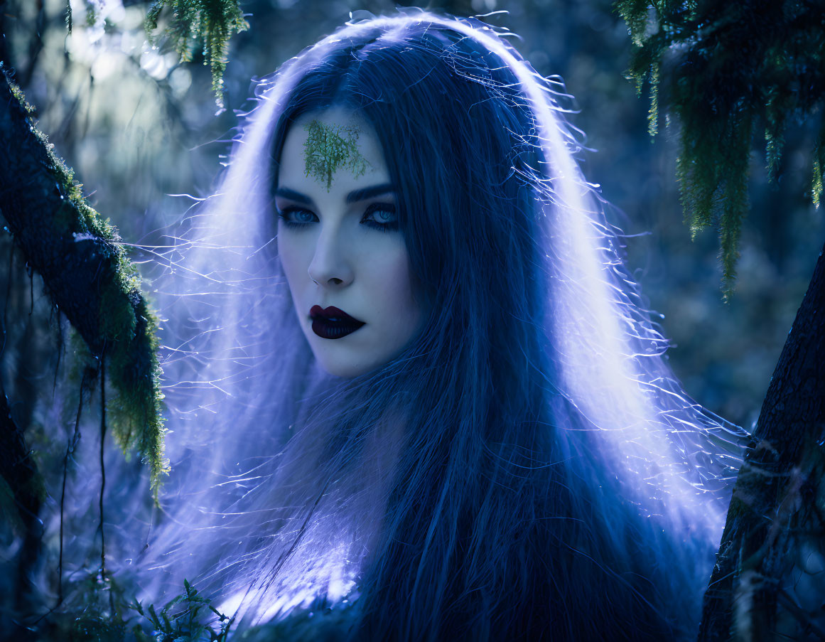 Dark-haired woman with green forehead embellishment in mystical forest.