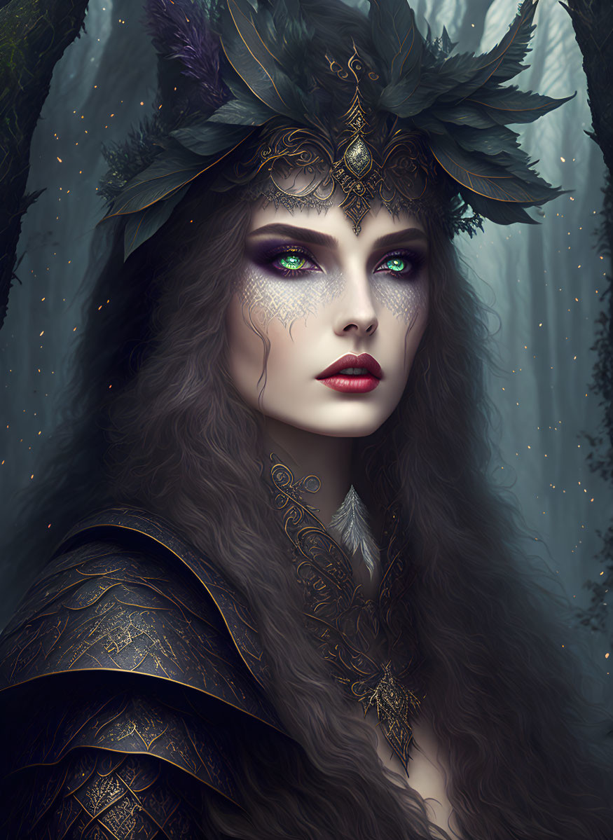 Mystical woman with purple eyes in feathered headgear and regal attire amid forest.