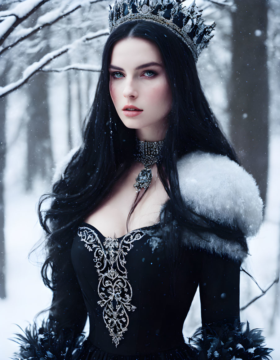 Regal woman in dark gown and crown in snowy forest