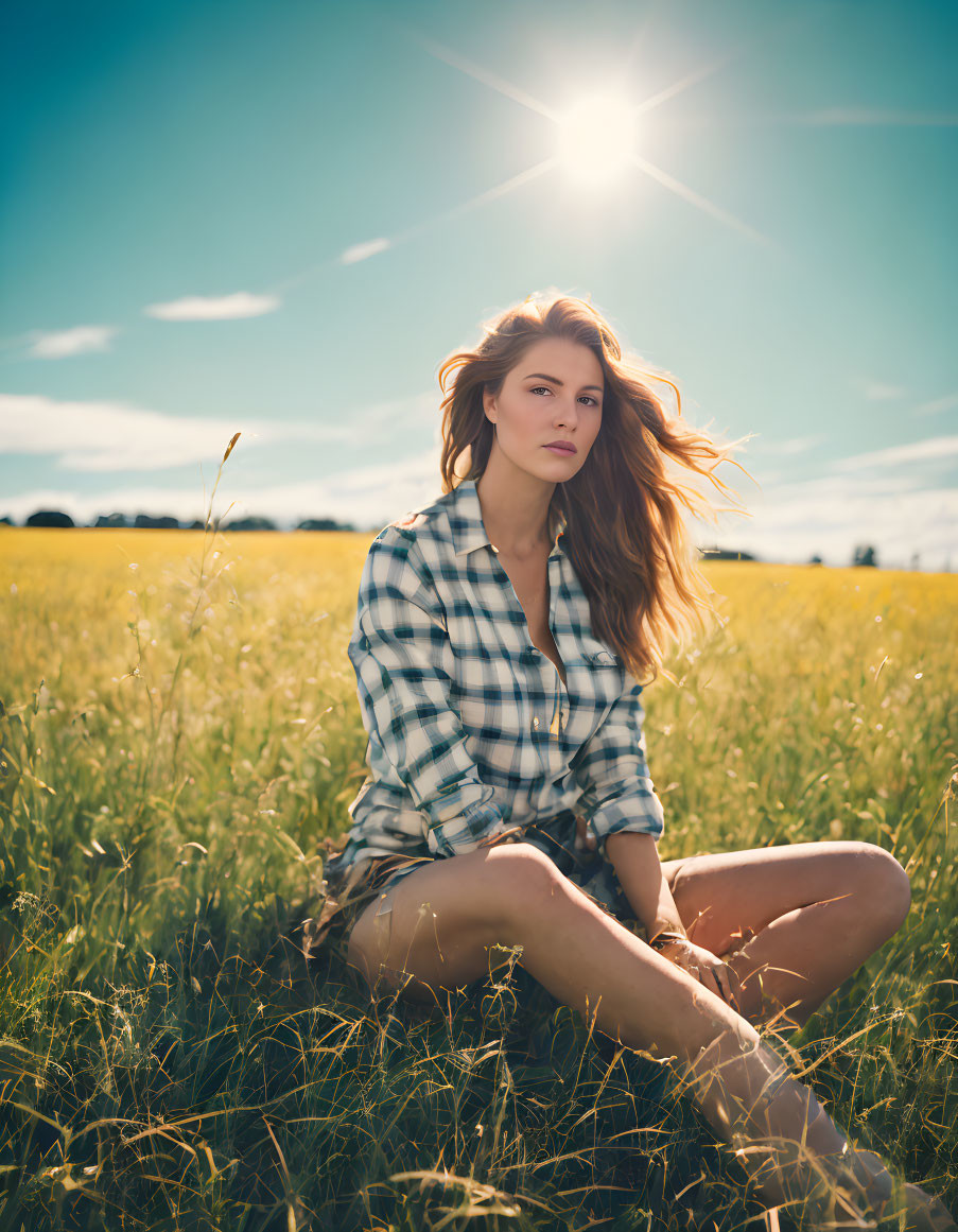 Woman in Plaid Shirt Sitting in Sunlit Field