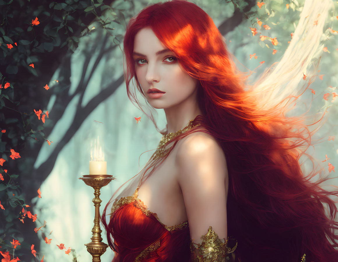 Red-haired woman in fantasy attire with candlestick in ethereal forest