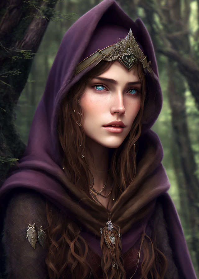 Woman with blue eyes in purple cloak and crown, forest backdrop