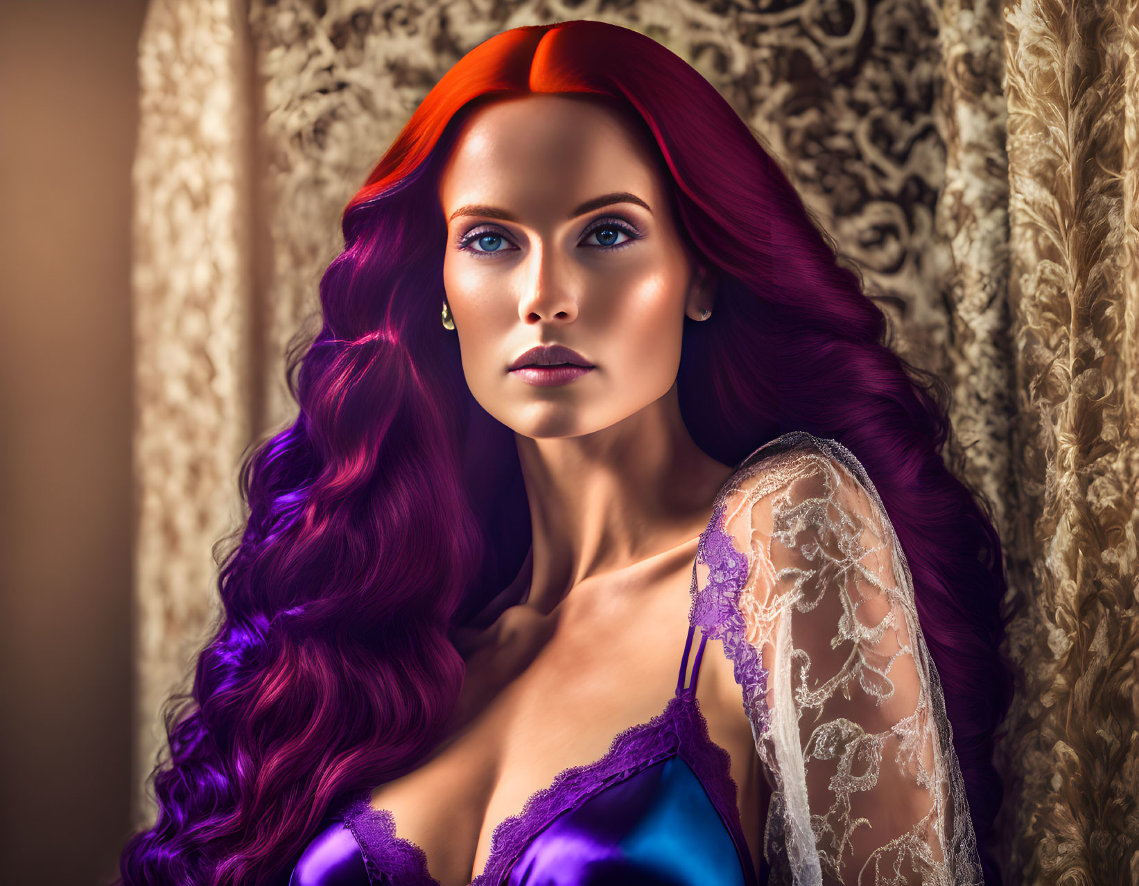 Digital Artwork: Woman with Purple and Red Hair, Blue Eyes, and Lacy Garment