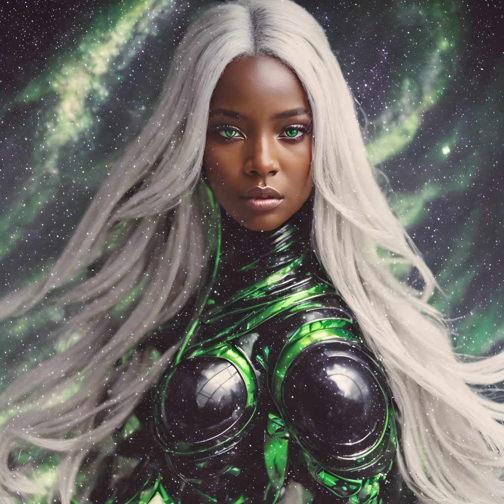 Portrait of woman with long silver hair and green eyes in futuristic green suit on cosmic backdrop