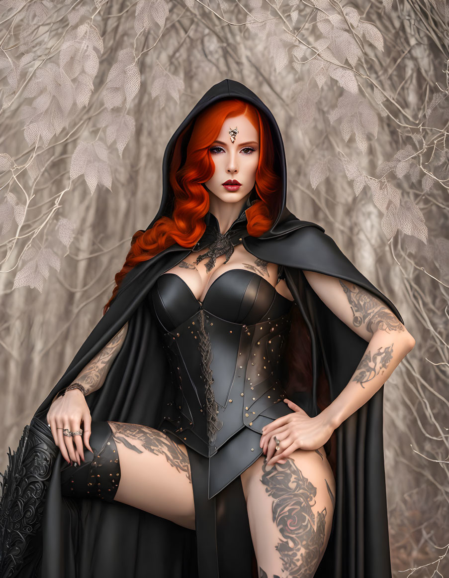 Digital artwork of woman with red hair, tattoos, black cloak, against leafy background