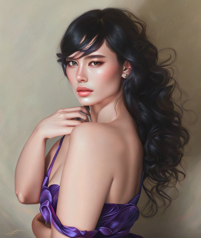 Portrait of woman with dark hair, fair skin, purple strapless top