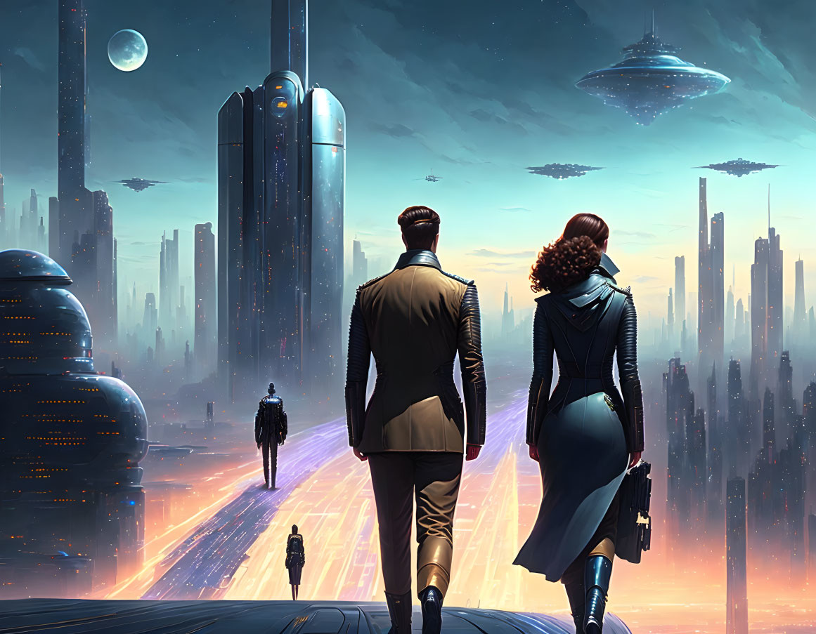 Two individuals walking towards futuristic cityscape with tall buildings and spacecraft.