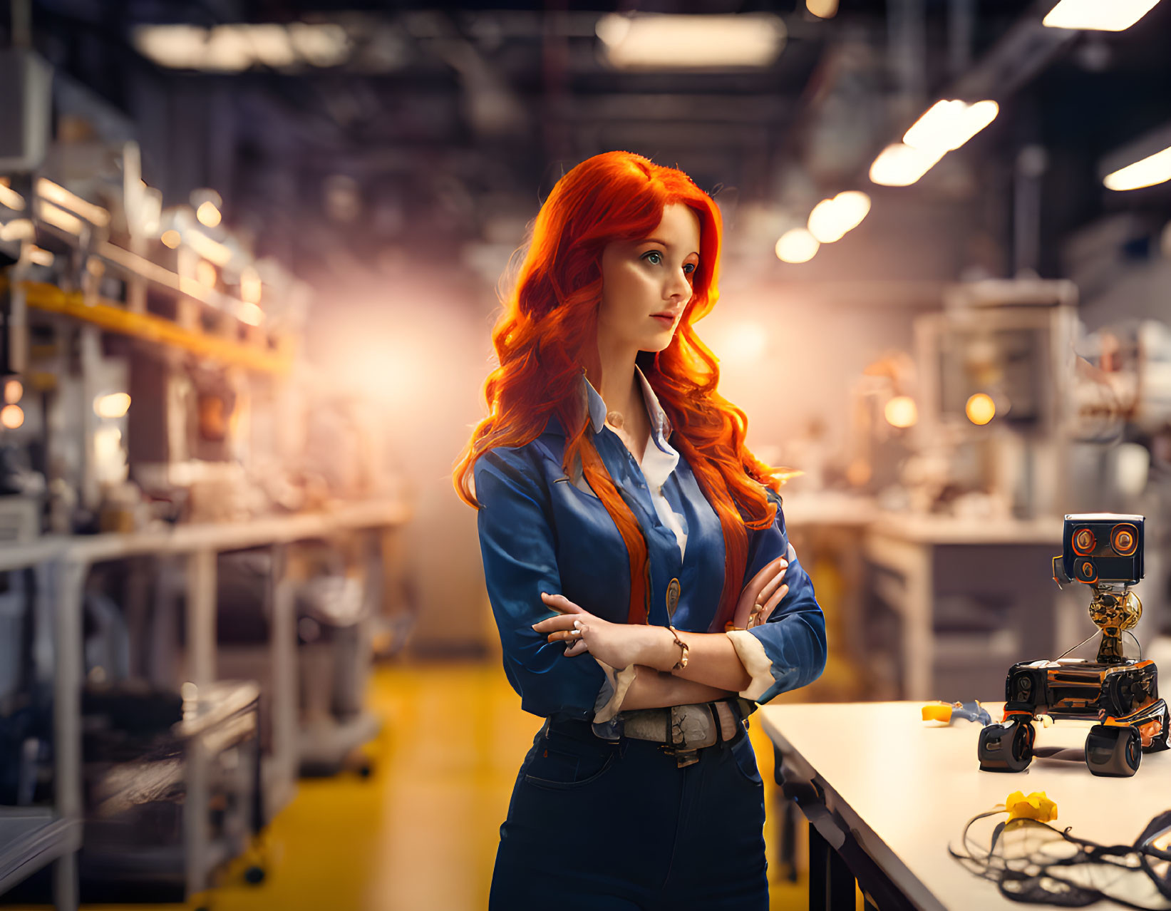 Red-haired woman in industrial setting with crossed arms and small robot on table