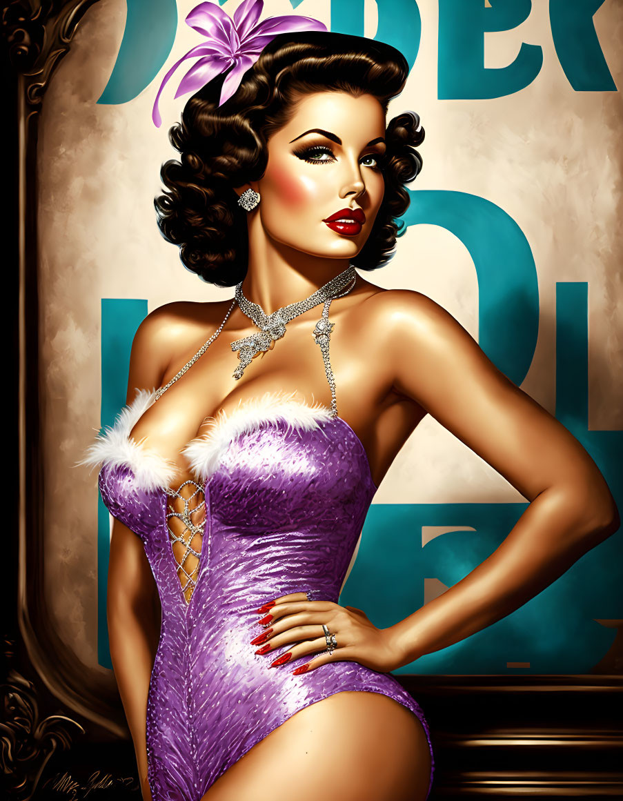 Vintage pin-up illustration of woman in purple corset with wavy hair and flower accessory.