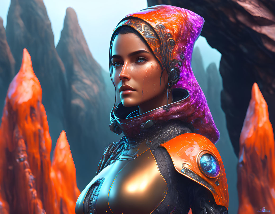 Futuristic digital artwork: Woman in space armor with orange headscarf among alien rocks