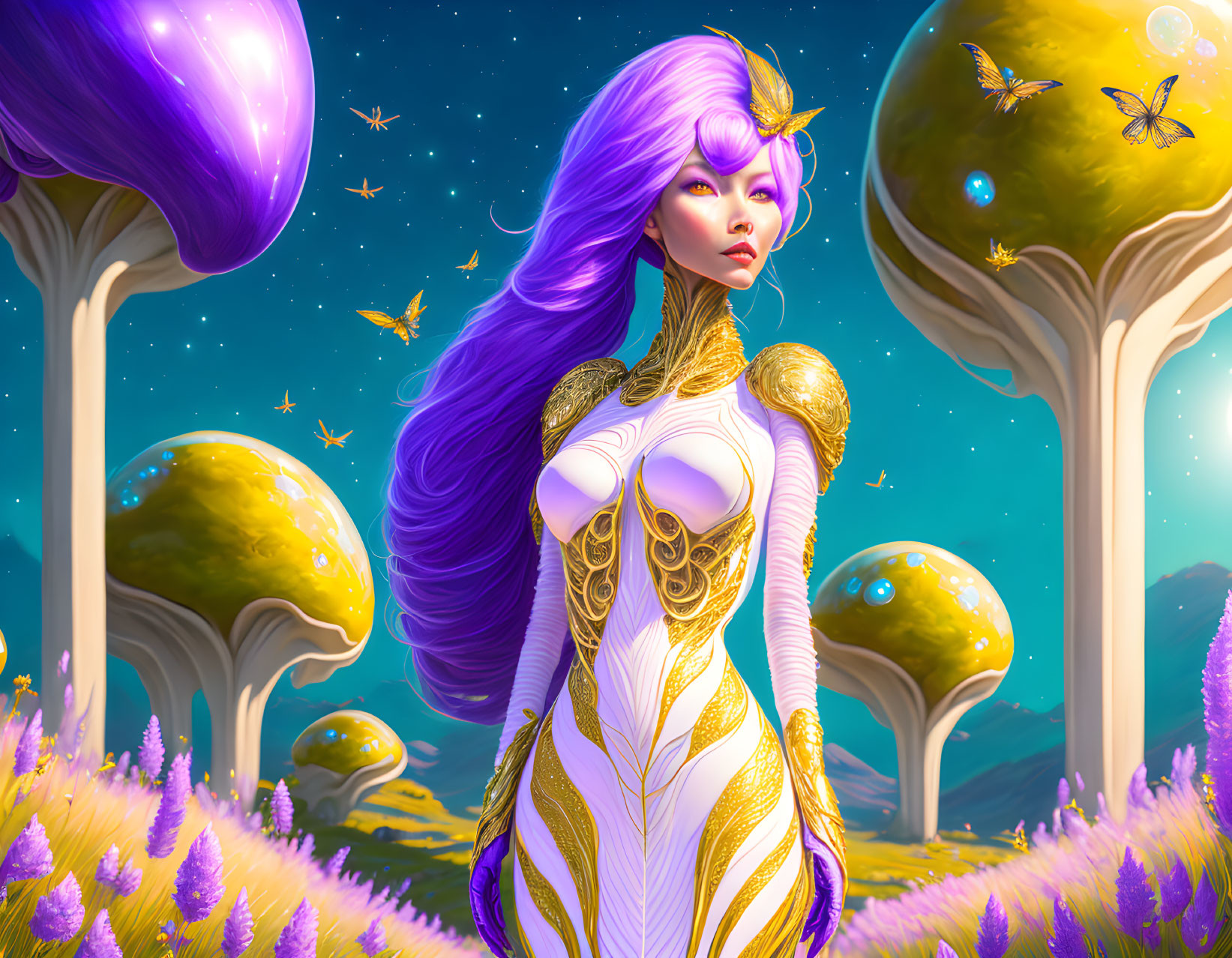 Colorful fantasy landscape with woman and purple hair, luminescent trees, and golden butterflies