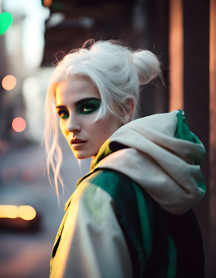 White-Haired Person in Green Eye Makeup and Hooded Jacket on City Street