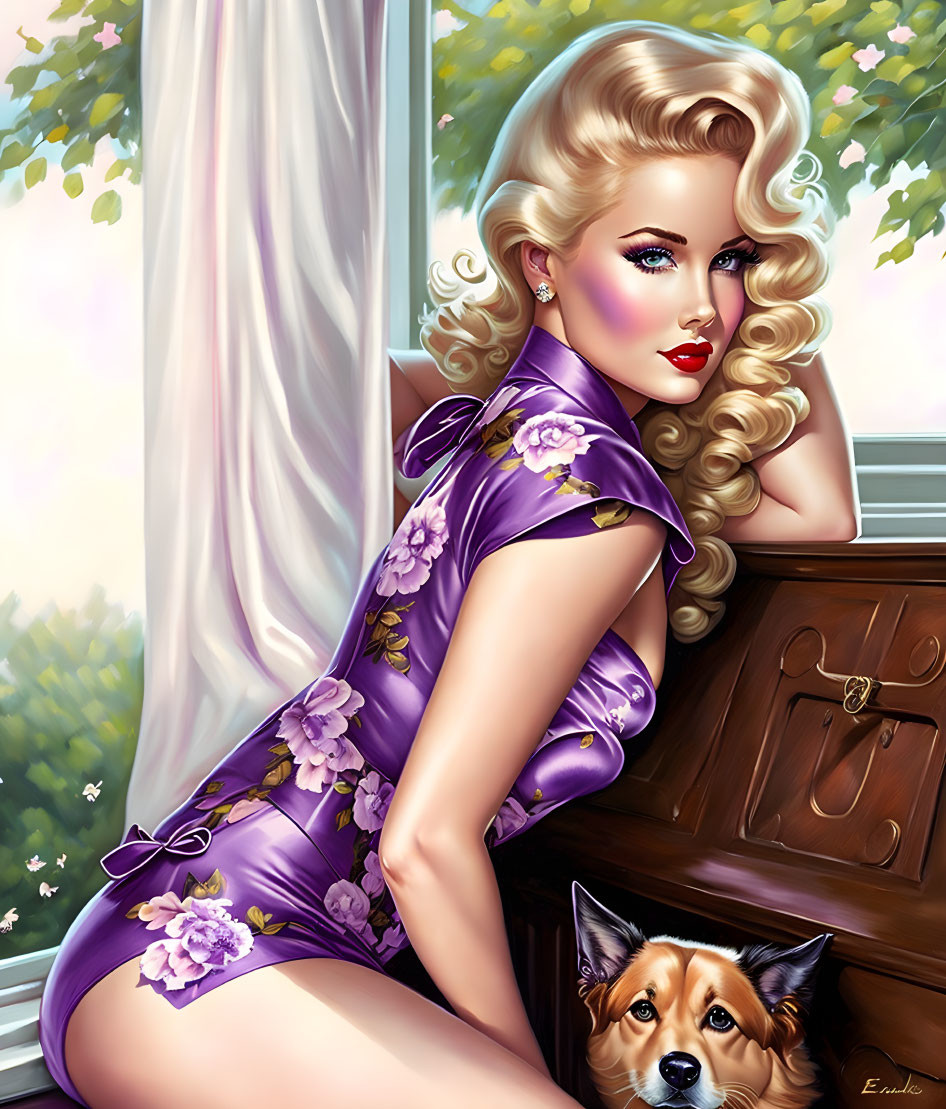 Blonde woman in purple floral dress with corgi dog by window