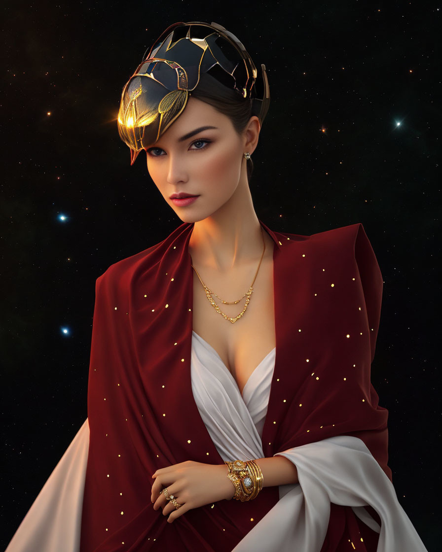 Digital artwork of woman in crown, white dress, red cape, gold jewelry, starry backdrop