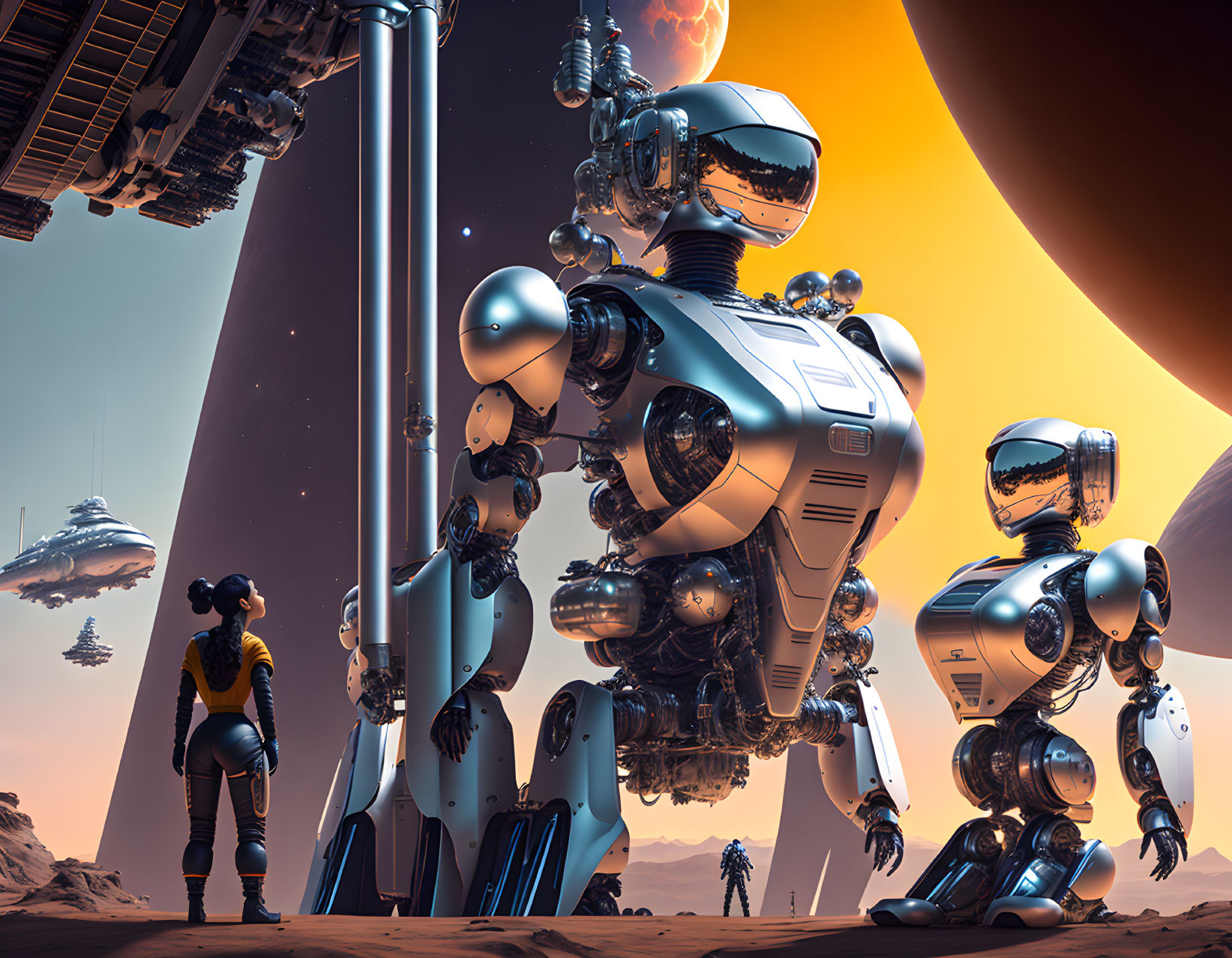 Person surrounded by robots on alien planet with spaceships and giant planet.