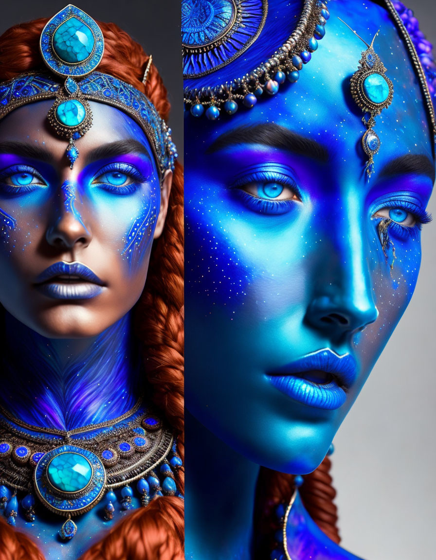 Dual portraits of a woman with creative makeup and ornate headpieces in warm red tones and cool blue